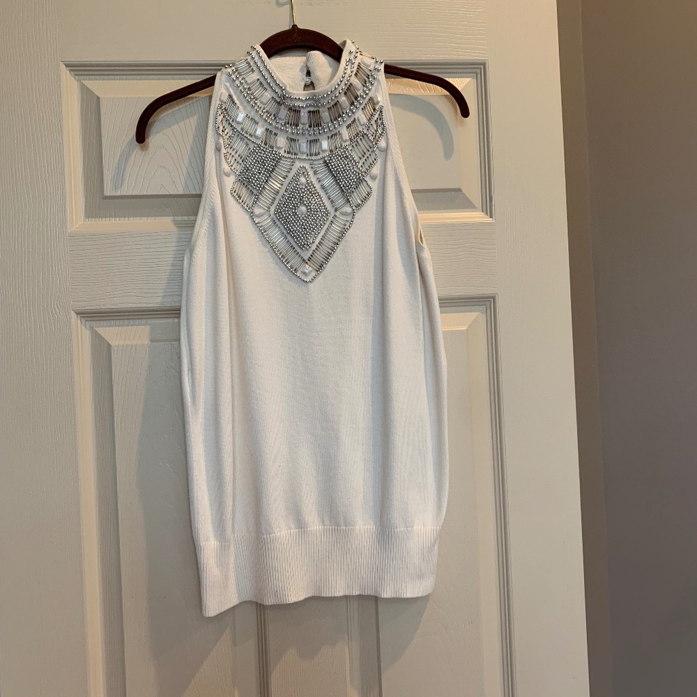 Cache Ivory Embellished Sleeveless Sweater sz L